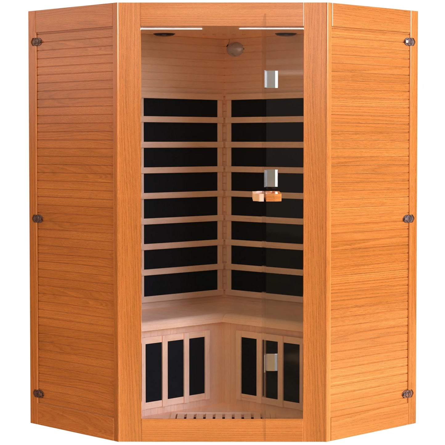 The Soothyla Grand Retreat Sanctuary — 2-3 person far infrared sauna with 7 heating panels, 2100W, Bluetooth speakers, tablet holder, cup holders & 7-color LED. Free US shipping. 30-day guarantee.