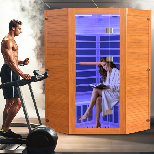 The Soothyla Grand Retreat Sanctuary — 2-3 person far infrared sauna with 7 heating panels, 2100W, Bluetooth speakers, tablet holder, cup holders & 7-color LED. Free US shipping. 30-day guarantee.