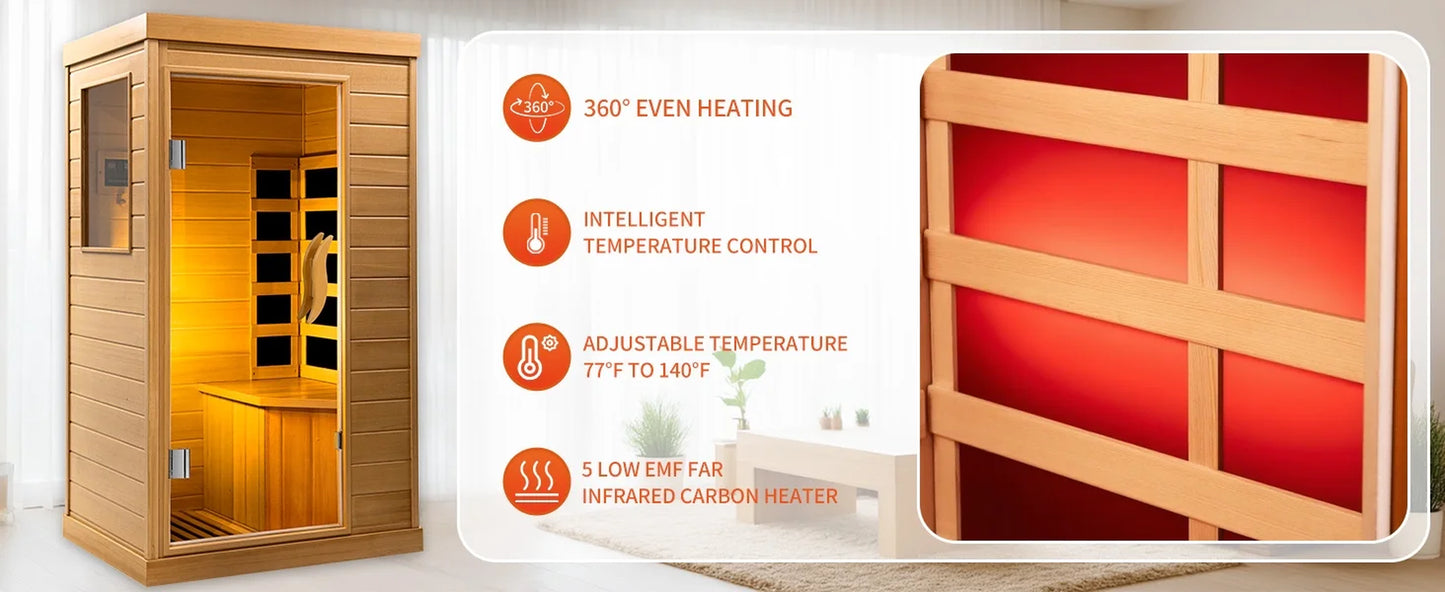 The Soothyla Classic Cedar Sanctuary is a 1-person low EMF far infrared home sauna crafted from Canada Hemlock wood. Deep heat therapy at home. Free US shipping. 30-day guarantee.