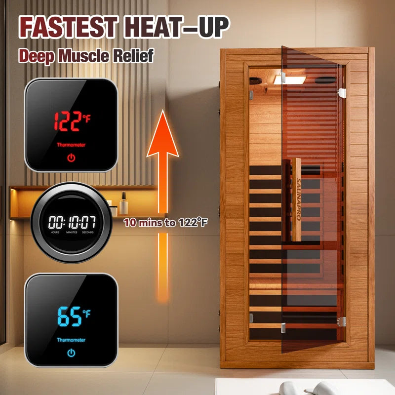 1-Person Indoor Low EMF Far Infrared Sauna in Okoume with BT Speakers, LED Lighting and App Control, for Home Spa & Therapy
