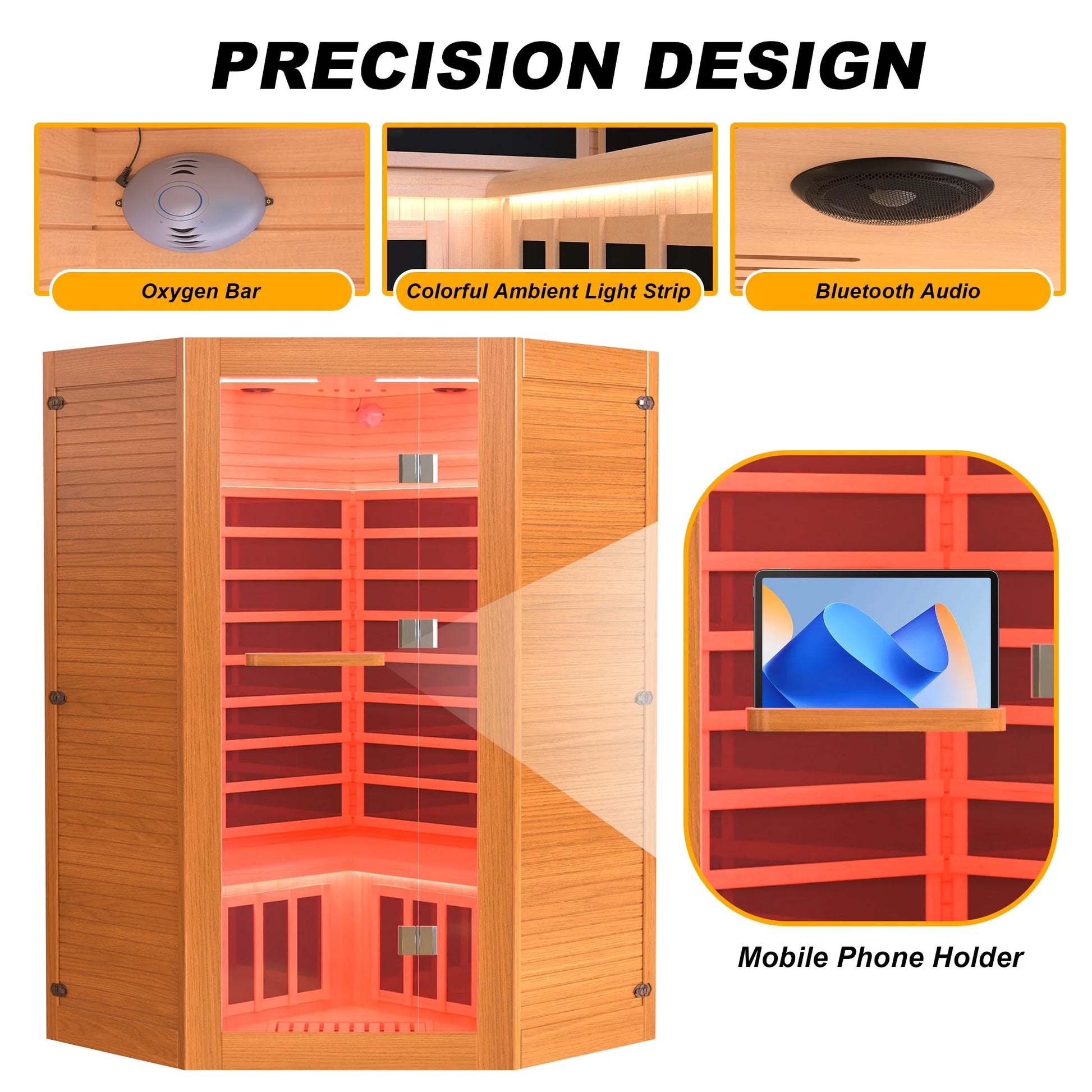 The Soothyla Grand Retreat Sanctuary — 2-3 person far infrared sauna with 7 heating panels, 2100W, Bluetooth speakers, tablet holder, cup holders & 7-color LED. Free US shipping. 30-day guarantee.
