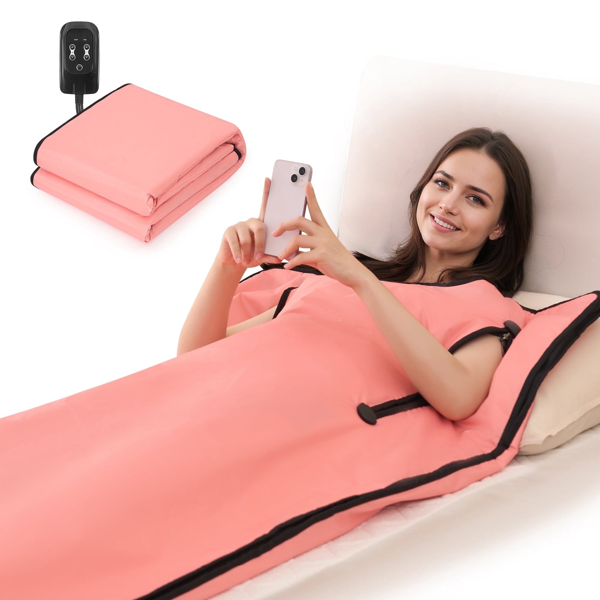 The Soothyla Sanctuary Blanket in Pink delivers far infrared heat therapy at home. 6 heat levels, 95–185°F, portable and foldable. Perfect gift. Free US shipping. 30-day guarantee.
