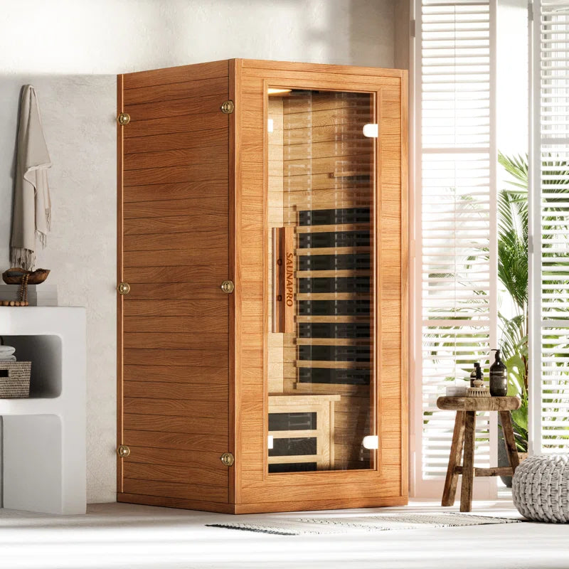  Premium 1-Person Indoor Low EMF Far Infrared Sauna in Okoume with BT Speakers, LED Lighting and App Control, for Home Spa & Therapy Soothyla 