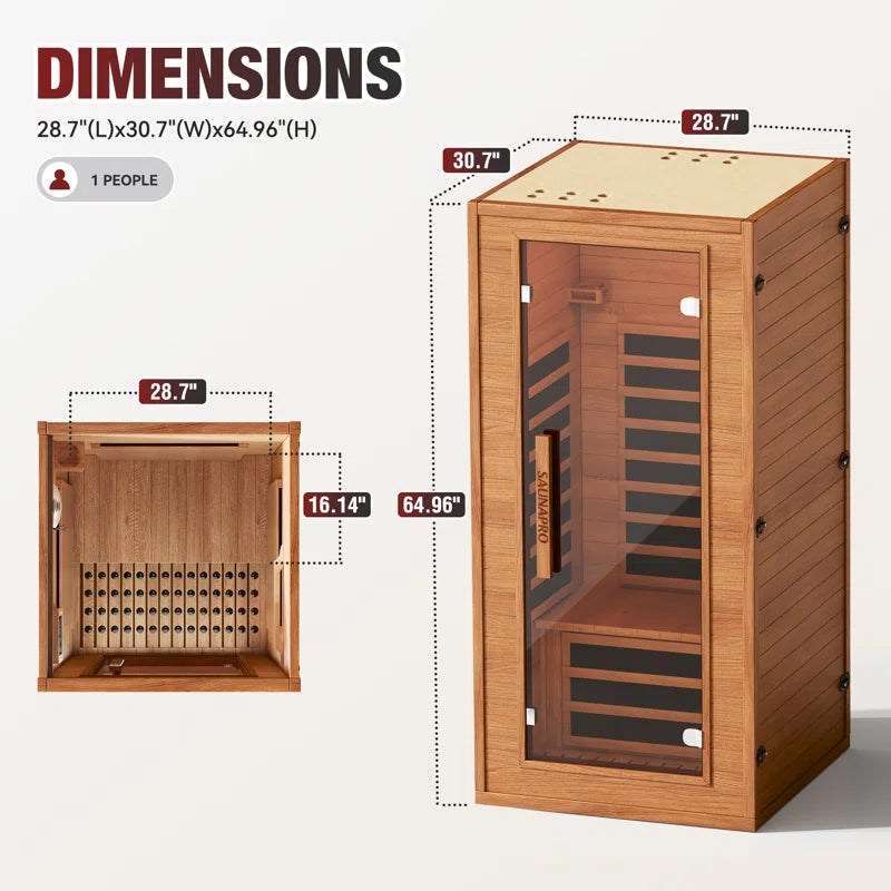 1-Person Indoor Low EMF Far Infrared Sauna in Okoume with BT Speakers, LED Lighting and App Control, for Home Spa & Therapy dimensions