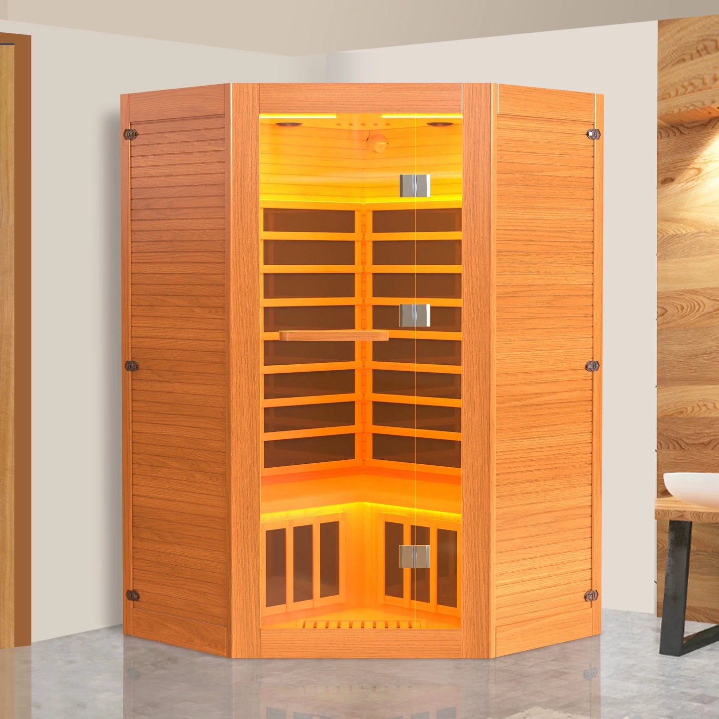 The Soothyla Grand Retreat Sanctuary — 2-3 person far infrared sauna with 7 heating panels, 2100W, Bluetooth speakers, tablet holder, cup holders & 7-color LED. Free US shipping. 30-day guarantee.
