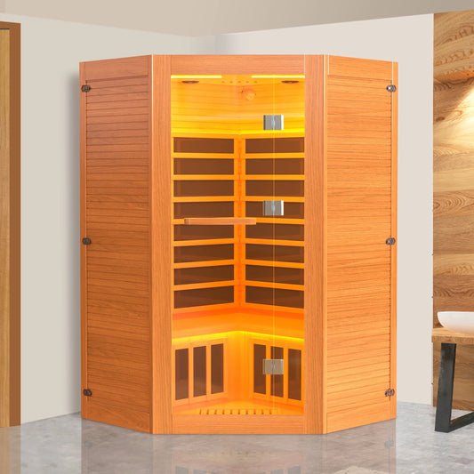 The Soothyla Grand Retreat Sanctuary — 2-3 person far infrared sauna with 7 heating panels, 2100W, Bluetooth speakers, tablet holder, cup holders & 7-color LED. Free US shipping. 30-day guarantee.
