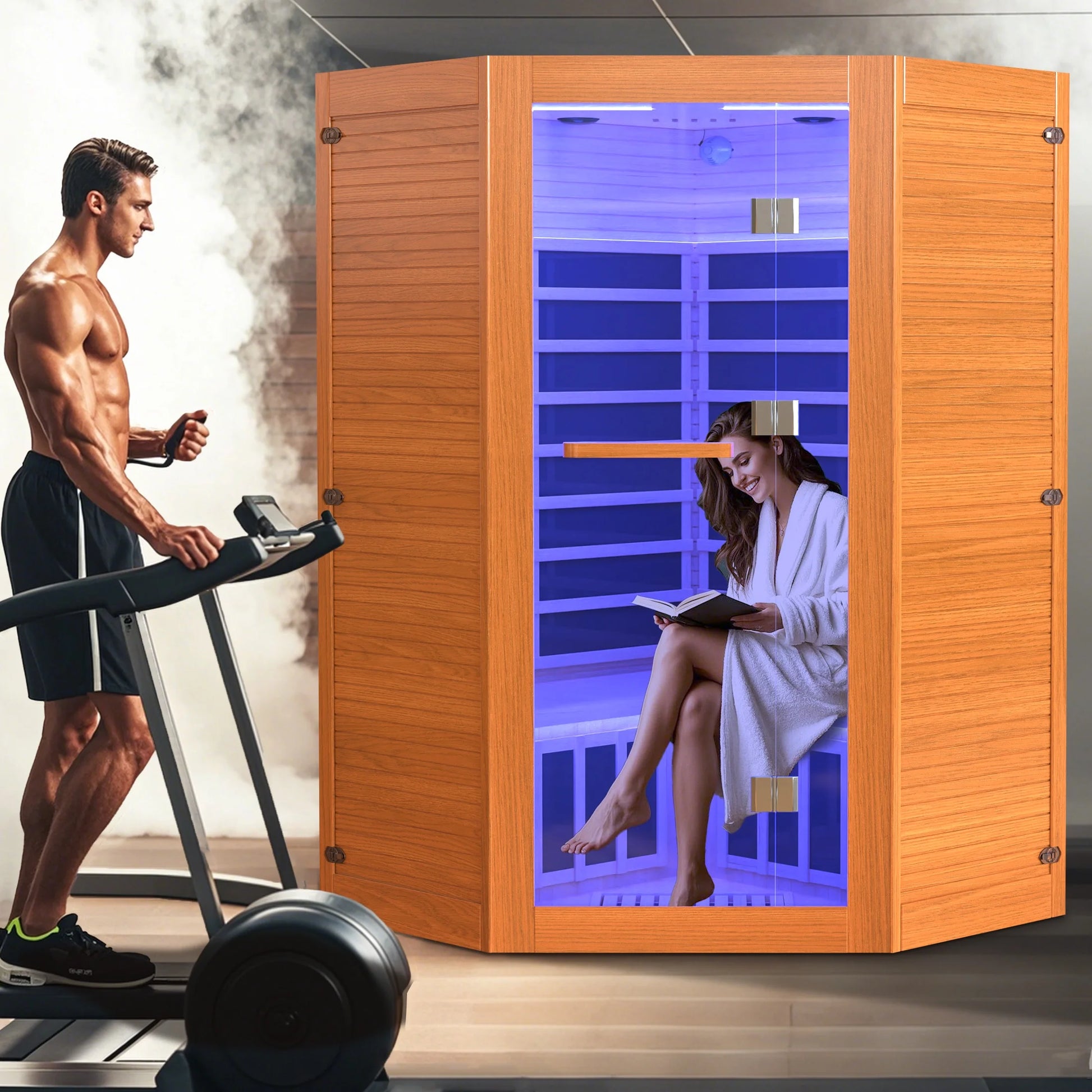 The Soothyla Grand Retreat Sanctuary — 2-3 person far infrared sauna with 7 heating panels, 2100W, Bluetooth speakers, tablet holder, cup holders & 7-color LED. Free US shipping. 30-day guarantee.
