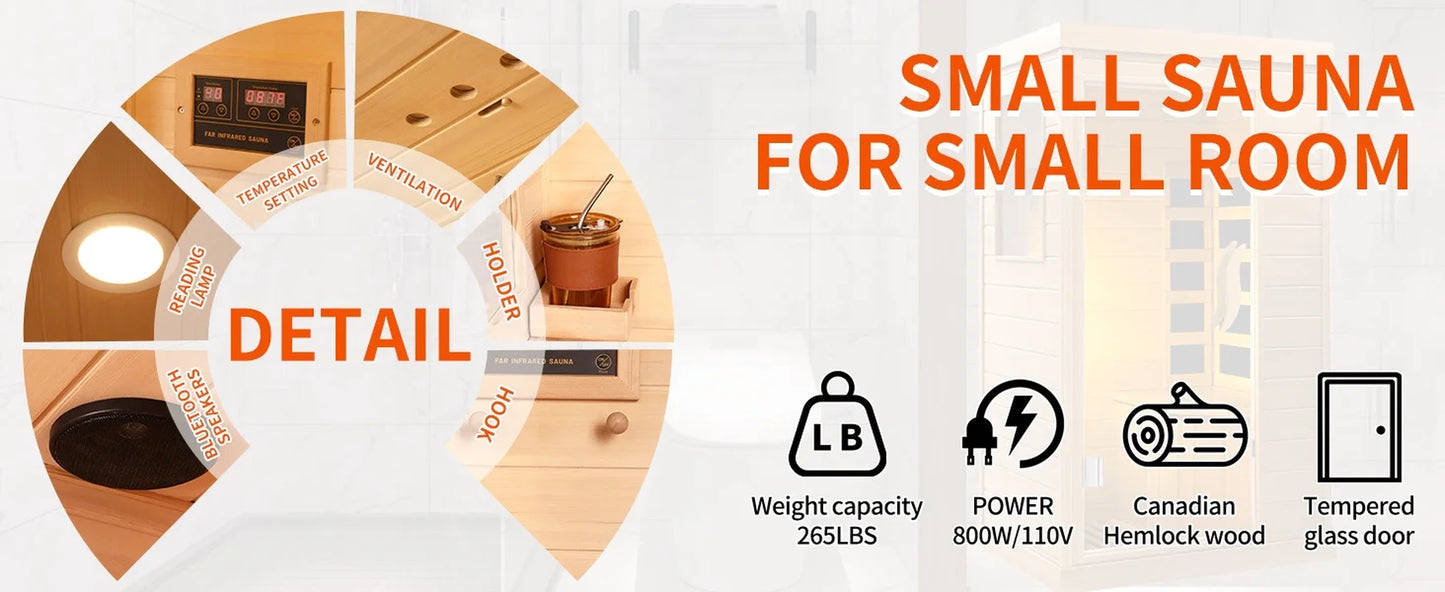 The Soothyla Classic Cedar Sanctuary is a 1-person low EMF far infrared home sauna crafted from Canada Hemlock wood. Deep heat therapy at home. Free US shipping. 30-day guarantee.